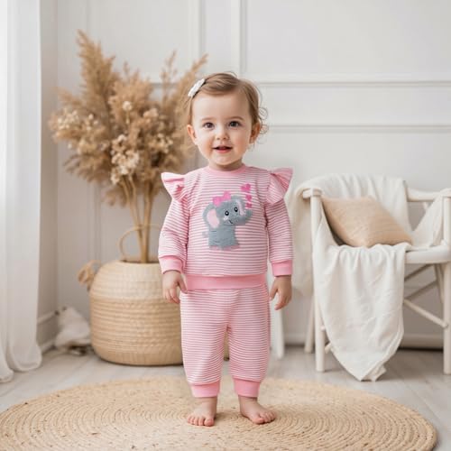 BemeyourBBs Fall Winter Toddler Baby Girl Clothes Cute Print Ruffle Shirt Top Pants Set 2 Piece Newborn Infant Girl Outfit (Elephant Heart Pink, 6-12 Months) - Image 2