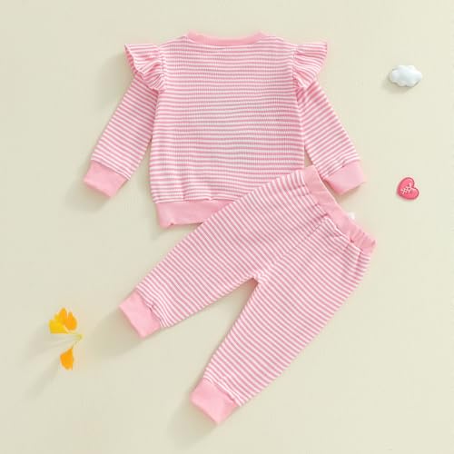 BemeyourBBs Fall Winter Toddler Baby Girl Clothes Cute Print Ruffle Shirt Top Pants Set 2 Piece Newborn Infant Girl Outfit (Elephant Heart Pink, 6-12 Months) - Image 5