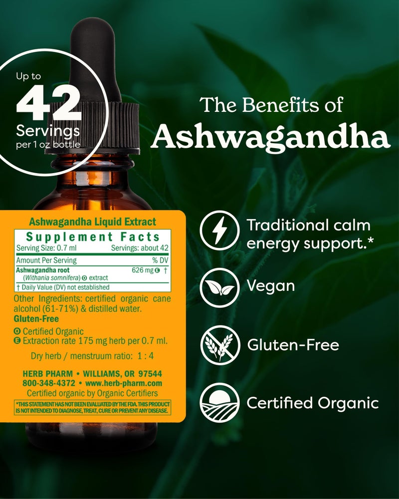 Herb Pharm Certified Organic Ashwagandha Extract for Energy and Vitality, Grain, Organic Cane Alcohol, 1 Ounce - Image 2