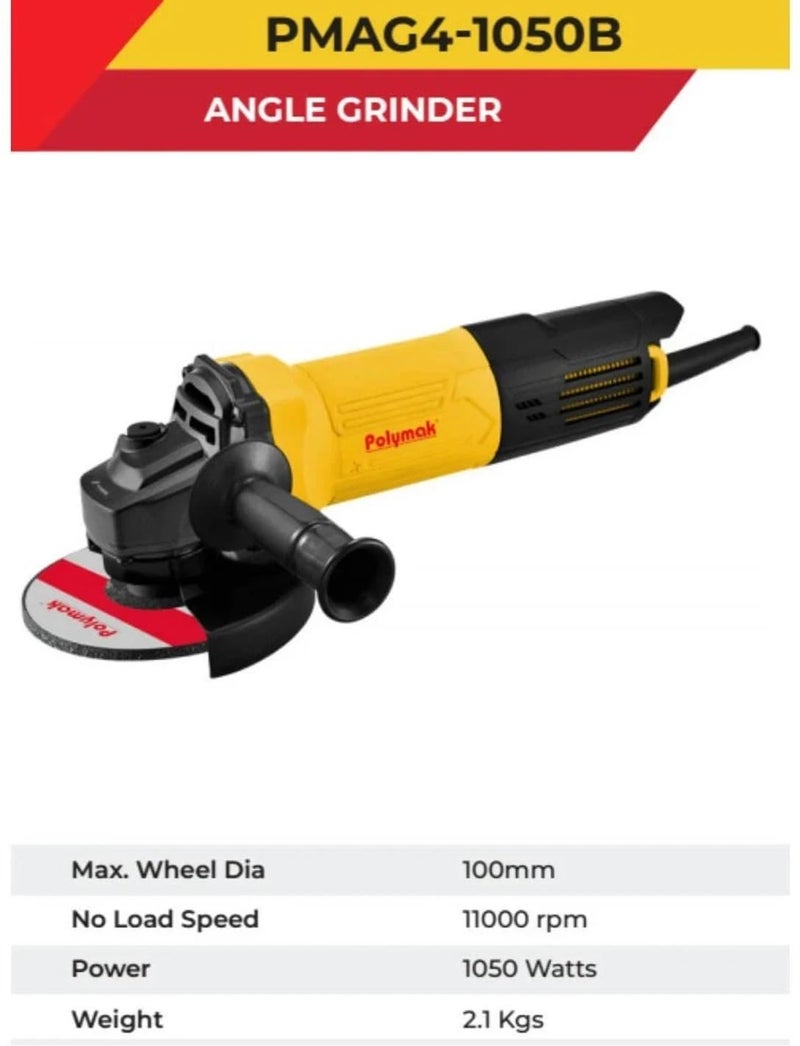 Polymak AG4-1050W Angle Grinder | 4-Inch Diameter | 1050W Motor | 11,000 RPM | Back Switch | Durable & Light in Weight | Ergonomic Handle | Grinding, Cutting, Polishing | 6-Month Warranty | Yellow - Image 2