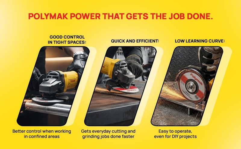 Polymak AG4-1050W Angle Grinder | 4-Inch Diameter | 1050W Motor | 11,000 RPM | Back Switch | Durable & Light in Weight | Ergonomic Handle | Grinding, Cutting, Polishing | 6-Month Warranty | Yellow - Image 5