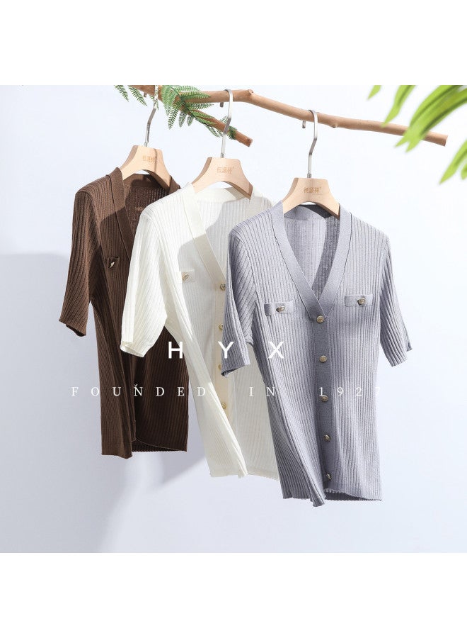 Hengyuanxiang Petite Scent Style Machine Washable [Merino Wool] Thin Faux Cardigan Knitwear V-Neck Short Sleeve Spring/Autumn Slim-Fitting Inner Top - Image 3