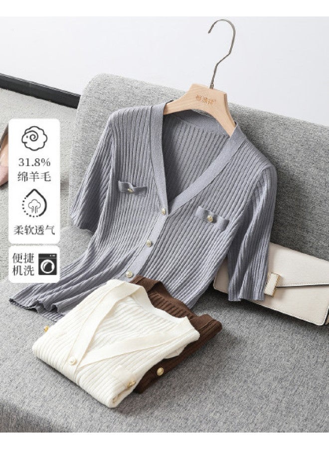 Hengyuanxiang Petite Scent Style Machine Washable [Merino Wool] Thin Faux Cardigan Knitwear V-Neck Short Sleeve Spring/Autumn Slim-Fitting Inner Top - Image 1