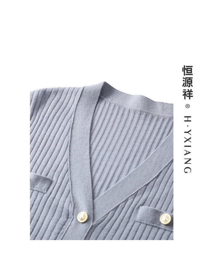 Hengyuanxiang Petite Scent Style Machine Washable [Merino Wool] Thin Faux Cardigan Knitwear V-Neck Short Sleeve Spring/Autumn Slim-Fitting Inner Top - Image 4