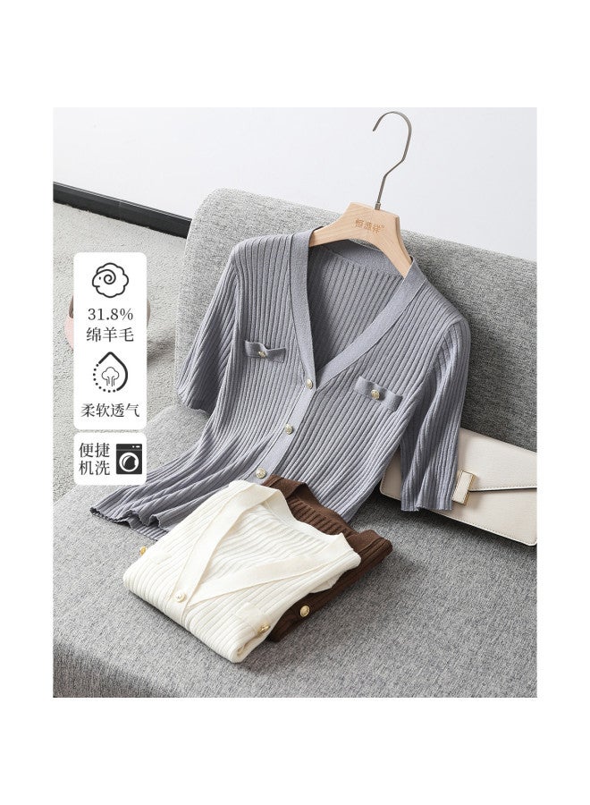 Hengyuanxiang Petite Scent Style Machine Washable [Merino Wool] Thin Faux Cardigan Knitwear V-Neck Short Sleeve Spring/Autumn Slim-Fitting Inner Top - Image 2