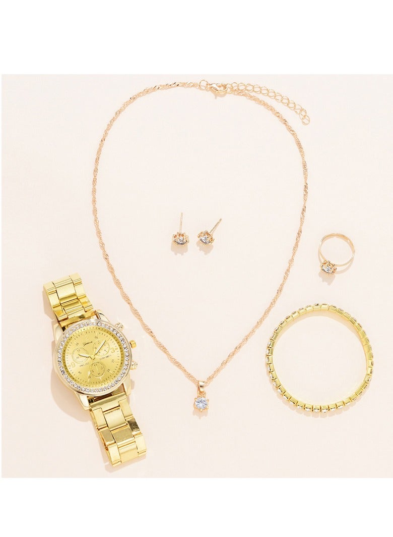 [2025 New Design]Ladies Watch Fashionable Women Quartz Diamond Wristwatch Classic Simple Watches Business Decoration Bangle Bracelet Necklace Ring Earring Girl Gift Set - Image 1