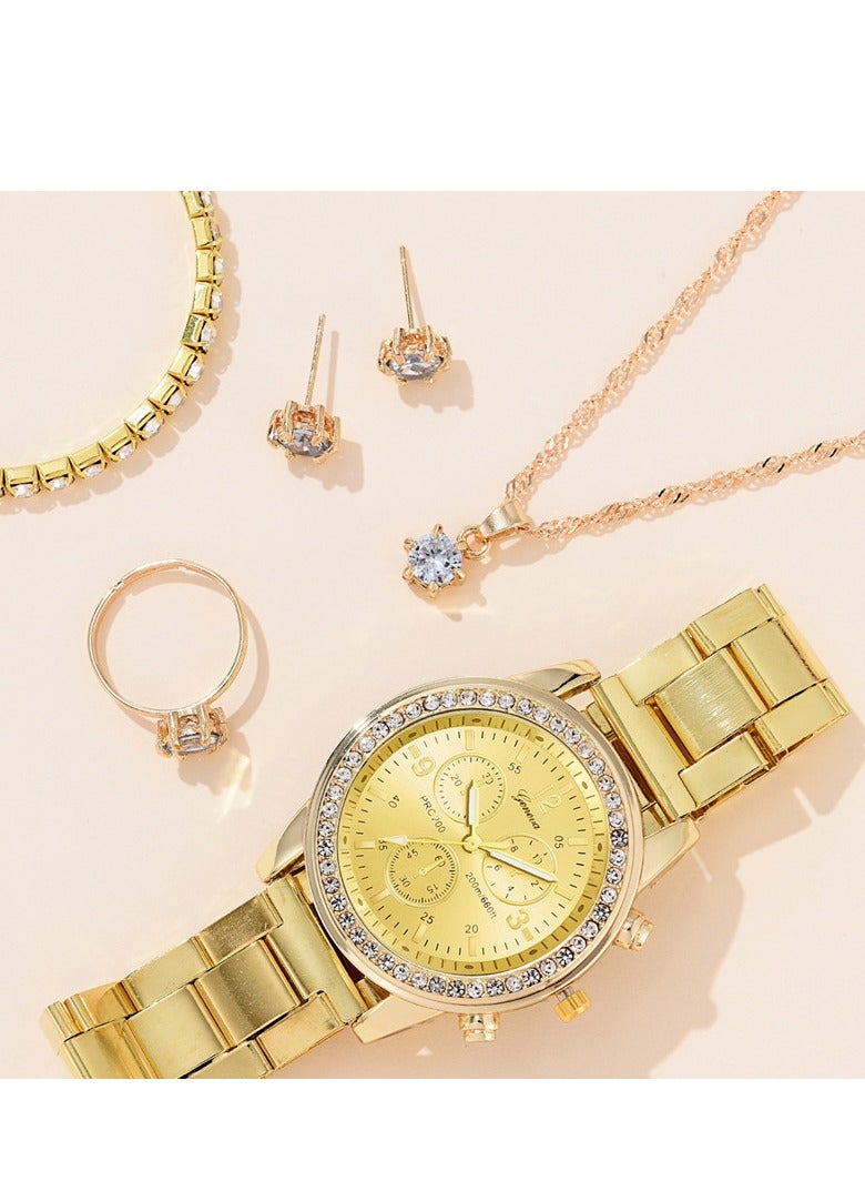 [2025 New Design]Ladies Watch Fashionable Women Quartz Diamond Wristwatch Classic Simple Watches Business Decoration Bangle Bracelet Necklace Ring Earring Girl Gift Set - Image 2
