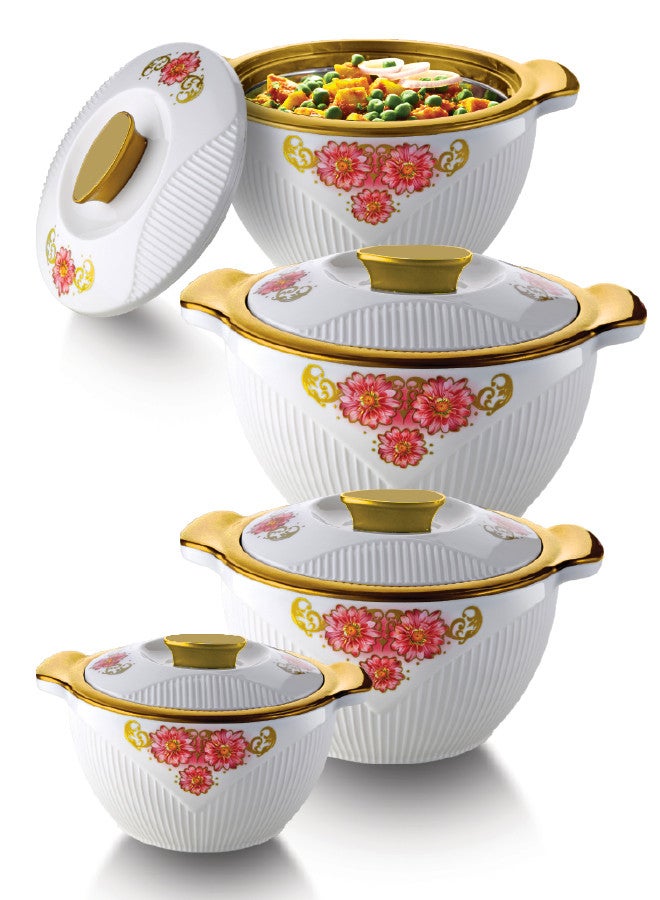 REEM 4-Piece Plastic & Stainless Steel Food Containers With Twist-Lock Lid 1200ML, 1800ML, 2400ML, 3600ML White/Gold - Image 1