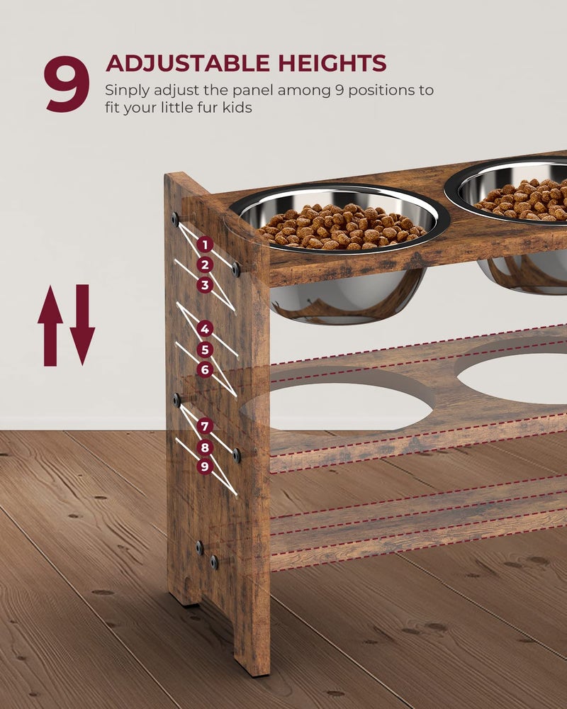Vantic Elevated Dog Bowls, Adjustable Raised Dog Bowl Stand for Medium Sized Pet, Sturdy Particle Board Food Feeder with 2 Stainless Steel Dishes, Rustic Brown - Image 2