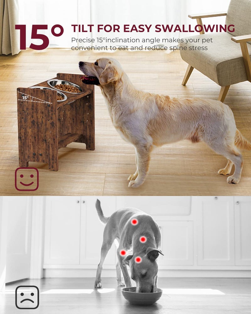 Vantic Elevated Dog Bowls, Adjustable Raised Dog Bowl Stand for Medium Sized Pet, Sturdy Particle Board Food Feeder with 2 Stainless Steel Dishes, Rustic Brown - Image 3