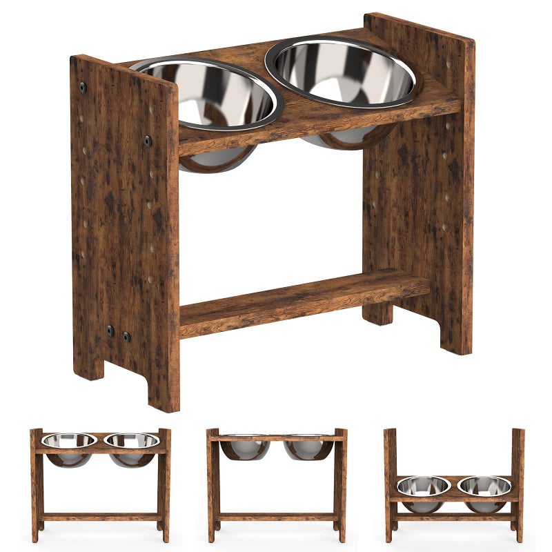 Vantic Elevated Dog Bowls, Adjustable Raised Dog Bowl Stand for Medium Sized Pet, Sturdy Particle Board Food Feeder with 2 Stainless Steel Dishes, Rustic Brown - Image 1