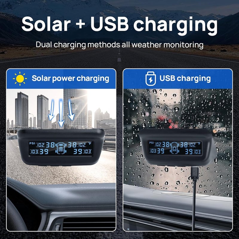 نظام مراقبة ضغط إطارات ، نظام TPMS للمنازل الريفية/المقطورات مع شحن عبر الطاقة الشمسية وتعديل آلي، شاشة عرض LCD من نوع M13، يحتوي على 4 أجهزة استشعار (0-87 PSI). - Image 2