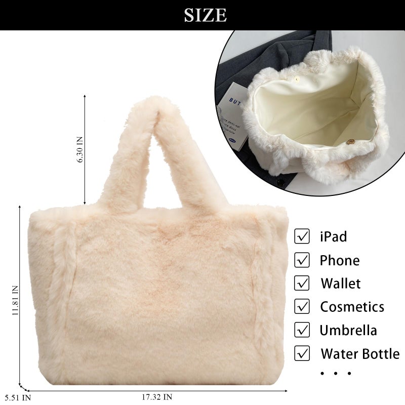 Extolove Fluffy Tote Bag Large Fur Purses for Women Winter Fuzzy Totes Furry Shoulder Handbag Plush Bags (A Beige) - Image 4