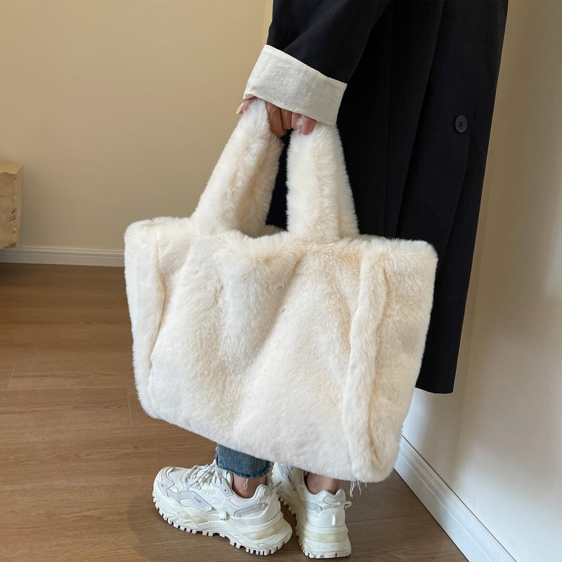 Extolove Fluffy Tote Bag Large Fur Purses for Women Winter Fuzzy Totes Furry Shoulder Handbag Plush Bags (A Beige) - Image 3