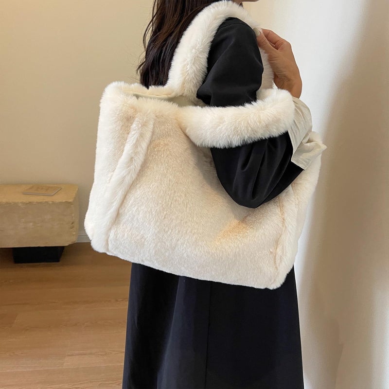 Extolove Fluffy Tote Bag Large Fur Purses for Women Winter Fuzzy Totes Furry Shoulder Handbag Plush Bags (A Beige) - Image 2