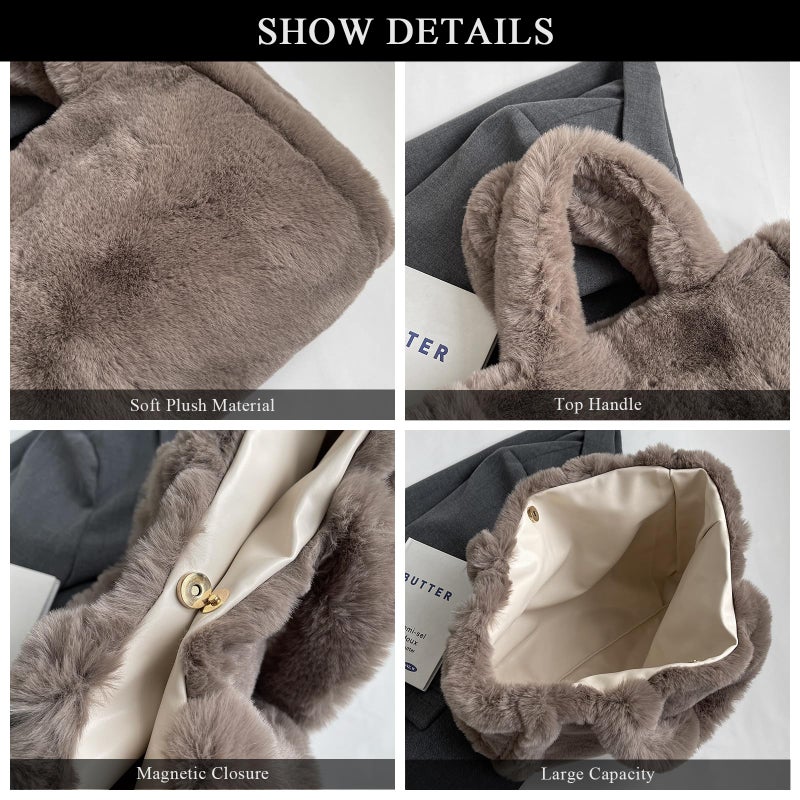 Extolove Fluffy Tote Bag Large Fur Purses for Women Winter Fuzzy Totes Furry Shoulder Handbag Plush Bags (A Beige) - Image 5