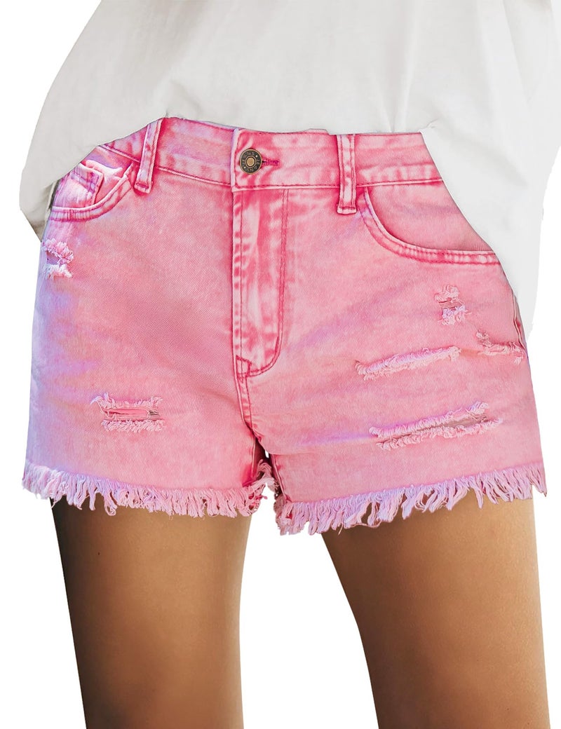 luvamia Jean Shorts Womens Mid Rise Stretchy Cut Off Frayed Denim Shorts Ripped Summer Casual Beach Vacation Clothes Hot Pink(Snow Wash) Size Small Fits US 4-6 - Image 1