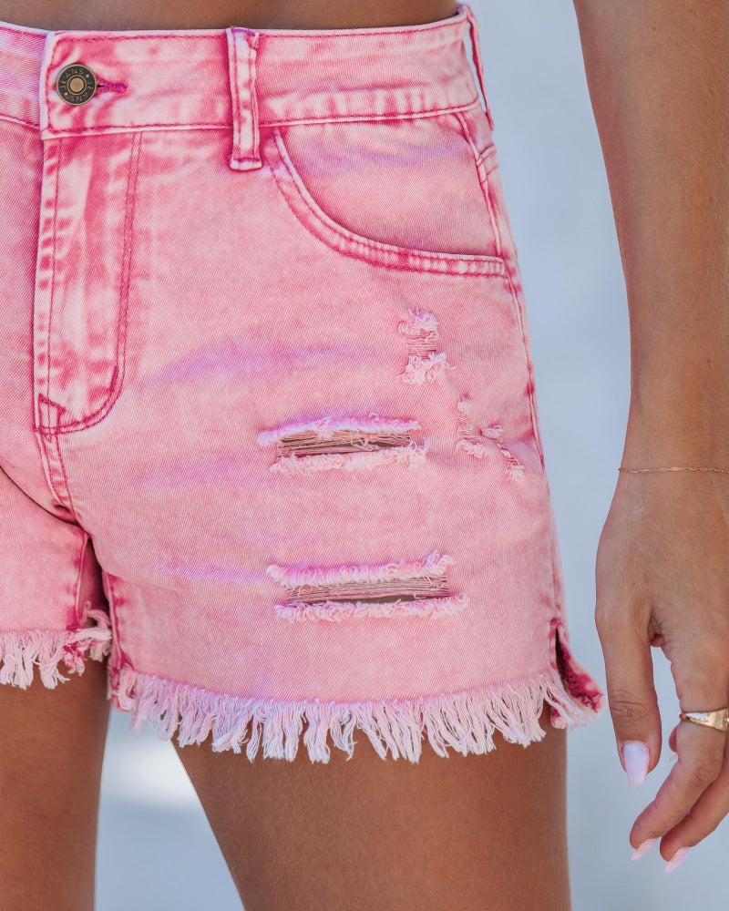 luvamia Jean Shorts Womens Mid Rise Stretchy Cut Off Frayed Denim Shorts Ripped Summer Casual Beach Vacation Clothes Hot Pink(Snow Wash) Size Small Fits US 4-6 - Image 4