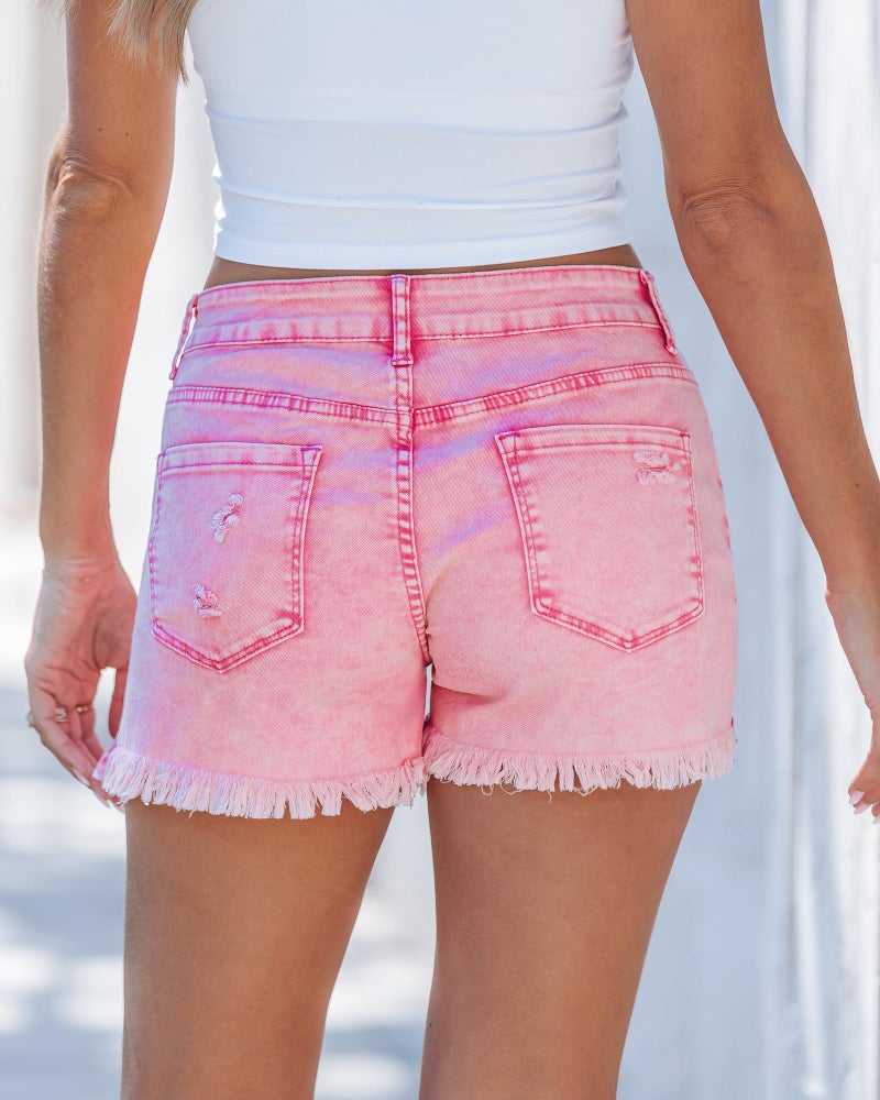 luvamia Jean Shorts Womens Mid Rise Stretchy Cut Off Frayed Denim Shorts Ripped Summer Casual Beach Vacation Clothes Hot Pink(Snow Wash) Size Small Fits US 4-6 - Image 3