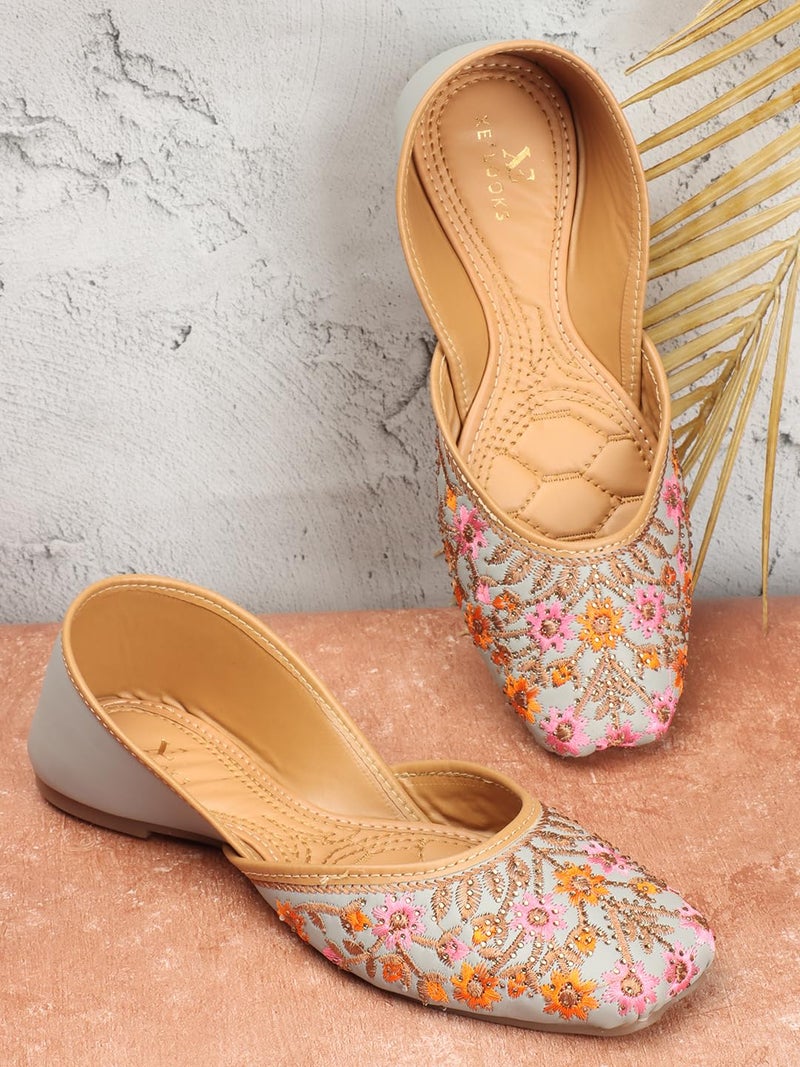 XE Looks Women's Grey Embroidered Juttis | Traditional Punjabi Juttis with Intricate Floral Design | Cushioned Footbed for Comfort | Stylish & Lightweight Punjabi Juttis for Girls & Women - Image 2