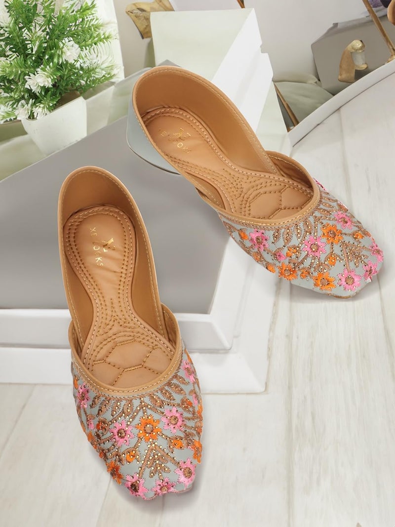 XE Looks Women's Grey Embroidered Juttis | Traditional Punjabi Juttis with Intricate Floral Design | Cushioned Footbed for Comfort | Stylish & Lightweight Punjabi Juttis for Girls & Women - Image 4