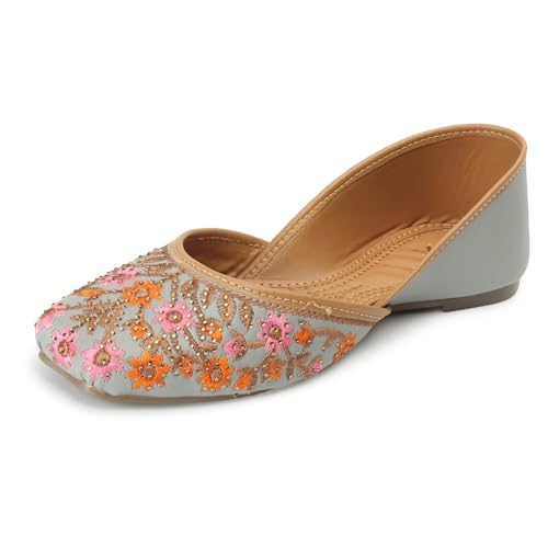 XE Looks Women's Grey Embroidered Juttis | Traditional Punjabi Juttis with Intricate Floral Design | Cushioned Footbed for Comfort | Stylish & Lightweight Punjabi Juttis for Girls & Women - Image 1