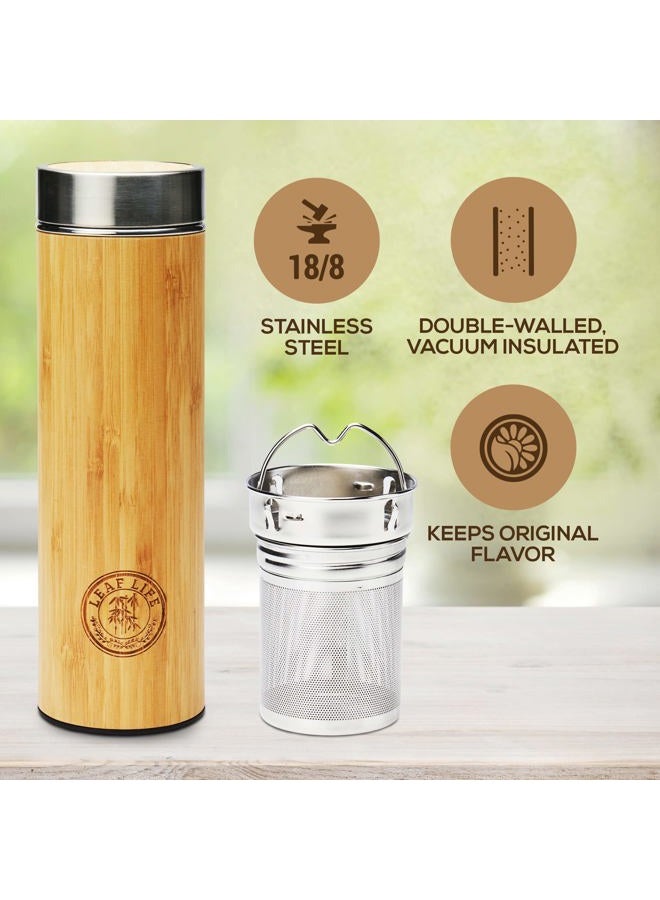 LeafLife Original Bamboo Tumbler with Tea Infuser & Strainer | 17oz Stainless Steel Water Bottle | Insulated Coffee Travel Mug | BPA-Free | Gift For Tea Lovers | Mesh Filter for Brewing Loose Leaf - Image 4