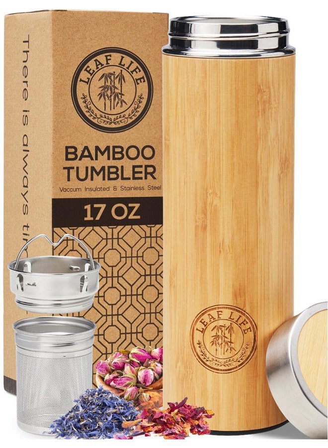 LeafLife Original Bamboo Tumbler with Tea Infuser & Strainer | 17oz Stainless Steel Water Bottle | Insulated Coffee Travel Mug | BPA-Free | Gift For Tea Lovers | Mesh Filter for Brewing Loose Leaf - Image 1