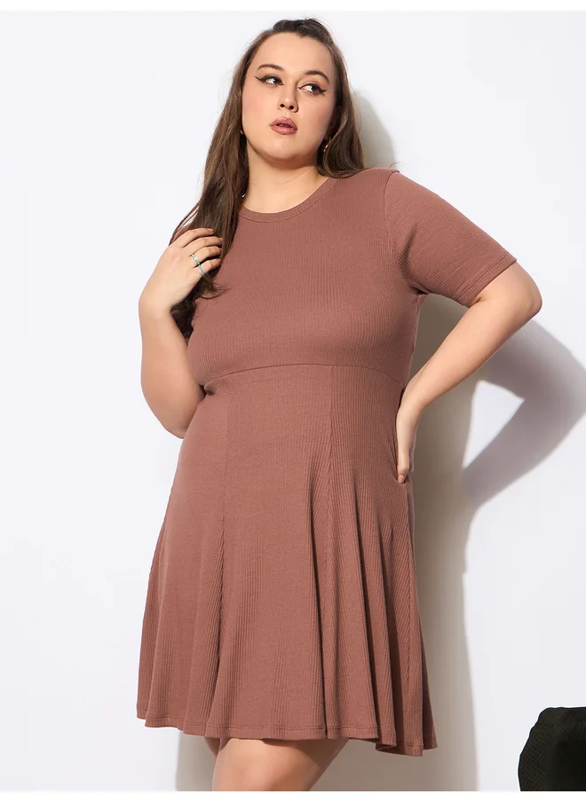 SASSAFRAS Sassafras Plus Size Ribbed Round Neck Knee Length Dress