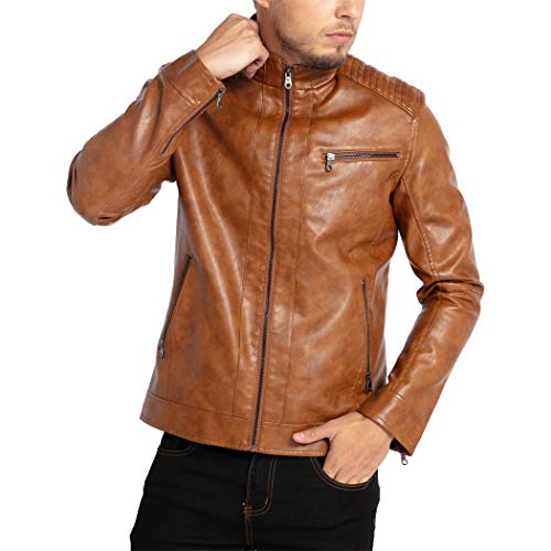 WULFUL Men's Stand Collar Leather Jacket Motorcycle Lightweight Faux Leather Outwear - Image 4