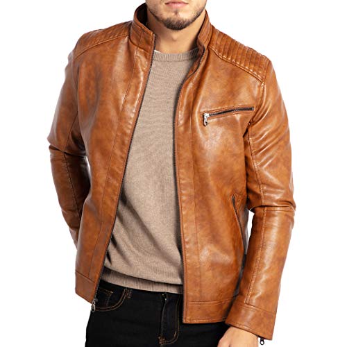 WULFUL Men's Stand Collar Leather Jacket Motorcycle Lightweight Faux Leather Outwear - Image 1
