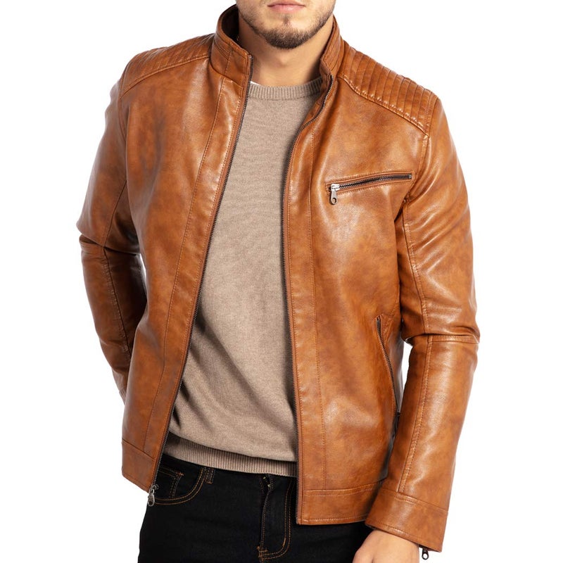 WULFUL Men's Stand Collar Leather Jacket Motorcycle Lightweight Faux Leather Outwear - Image 5
