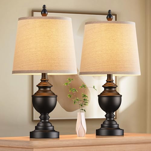 PARTPHONER Retro Table Lamps Set of 2, Bedside Lamp for Bedroom Rustic Farmhouse Table Lamps for Living Room, Vintage Nightstand Lamps with White Shades, Matte Black - Image 1