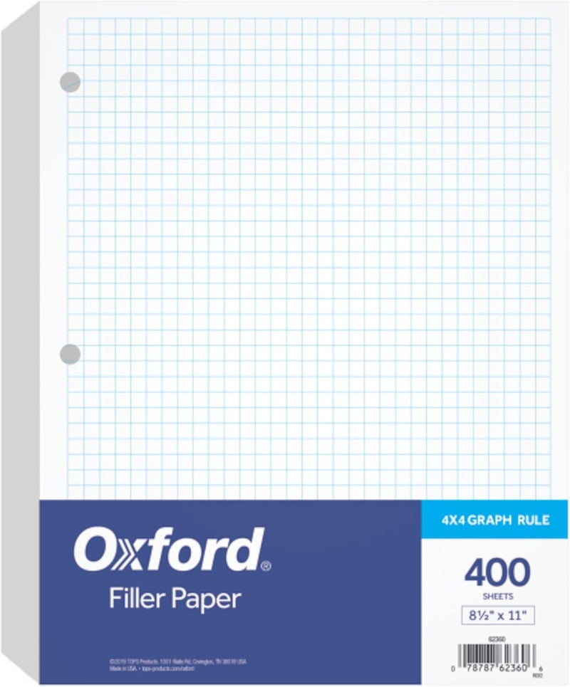 Oxford Filler Paper, 21.6 Cm X 28 Cm, 4 X 4 Graph Rule, 3-Hole Punched, Loose-Leaf Paper For 3-Ring Binders, 400 Sheets Per Pack (62360), White - Image 1