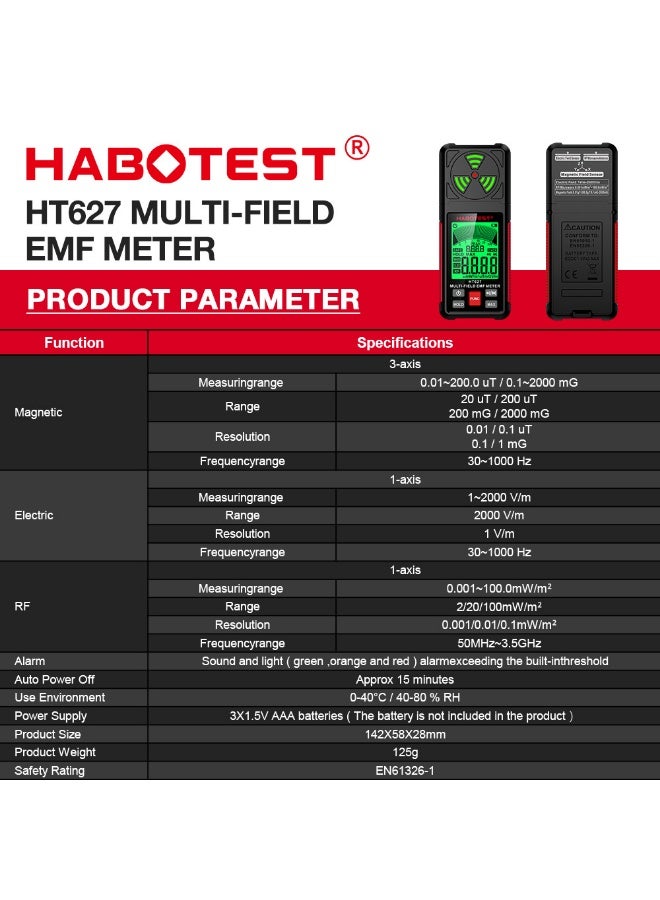 هابوتيست جهاز قياس الإشعاع الكهرومغناطيسي HABOTEST HT627 بشاشة LCD، كاشف EMF متعدد الأوضاع، تنبيه بإضاءة ثلاثية الألوان، جهاز قياس المجال الكهربائي والمغناطيسي والترددات العالية - Image 4