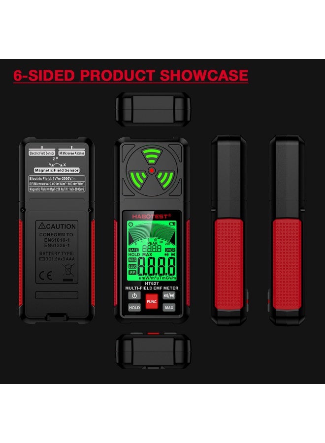 هابوتيست جهاز قياس الإشعاع الكهرومغناطيسي HABOTEST HT627 بشاشة LCD، كاشف EMF متعدد الأوضاع، تنبيه بإضاءة ثلاثية الألوان، جهاز قياس المجال الكهربائي والمغناطيسي والترددات العالية - Image 3