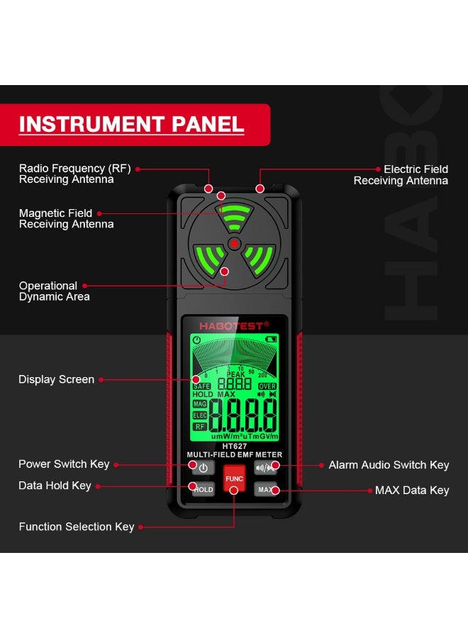 هابوتيست جهاز قياس الإشعاع الكهرومغناطيسي HABOTEST HT627 بشاشة LCD، كاشف EMF متعدد الأوضاع، تنبيه بإضاءة ثلاثية الألوان، جهاز قياس المجال الكهربائي والمغناطيسي والترددات العالية - Image 5
