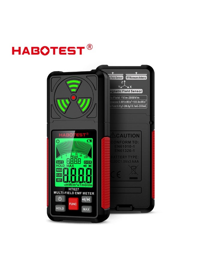 هابوتيست جهاز قياس الإشعاع الكهرومغناطيسي HABOTEST HT627 بشاشة LCD، كاشف EMF متعدد الأوضاع، تنبيه بإضاءة ثلاثية الألوان، جهاز قياس المجال الكهربائي والمغناطيسي والترددات العالية - Image 1