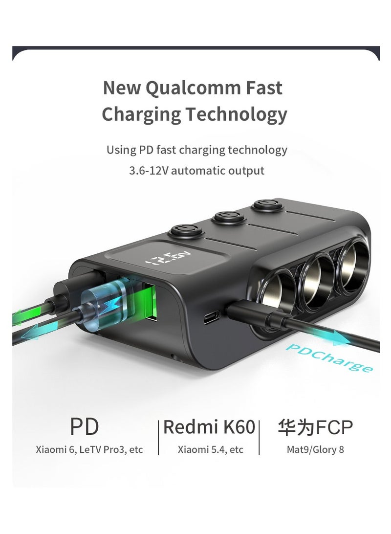 Car mounted one to three USB independent switch PD intelligent fast charging 120W converter charger - Image 3