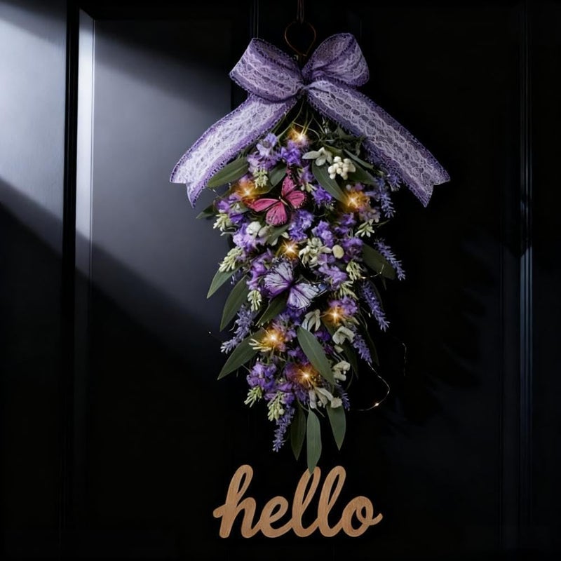 Jusdreen LED Teardrop Floral Wreath with Butterflies, Faux Lavender Hanging Decor with Lights for Farmhouse Home - Image 4