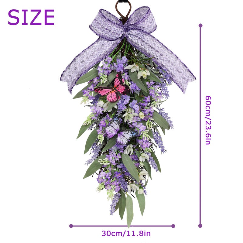 Jusdreen LED Teardrop Floral Wreath with Butterflies, Faux Lavender Hanging Decor with Lights for Farmhouse Home - Image 2