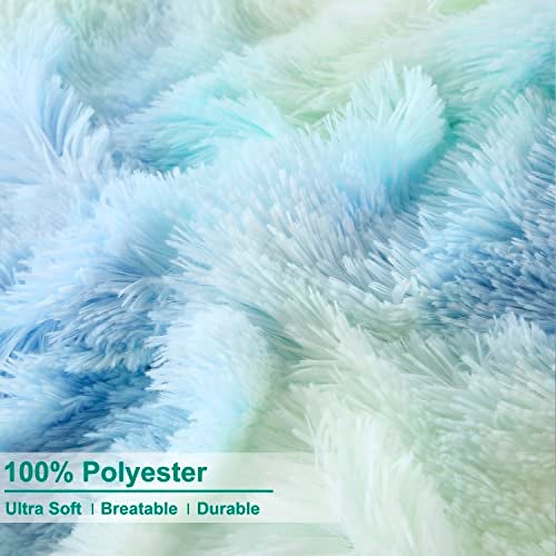SUCSES Green Faux Fur Twin Bedding Sets for Girls 3Pcs Plush Shaggy Fluffy Duvet Cover Set Colorful Rainbow Tie Dye Furry Comforter Cover Set for Girls Bedroom Decor - Image 3