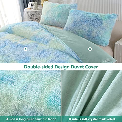 SUCSES Green Faux Fur Twin Bedding Sets for Girls 3Pcs Plush Shaggy Fluffy Duvet Cover Set Colorful Rainbow Tie Dye Furry Comforter Cover Set for Girls Bedroom Decor - Image 2