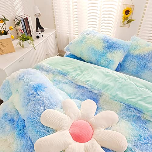 SUCSES Green Faux Fur Twin Bedding Sets for Girls 3Pcs Plush Shaggy Fluffy Duvet Cover Set Colorful Rainbow Tie Dye Furry Comforter Cover Set for Girls Bedroom Decor - Image 1