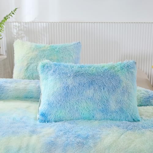 SUCSES Green Faux Fur Twin Bedding Sets for Girls 3Pcs Plush Shaggy Fluffy Duvet Cover Set Colorful Rainbow Tie Dye Furry Comforter Cover Set for Girls Bedroom Decor - Image 4