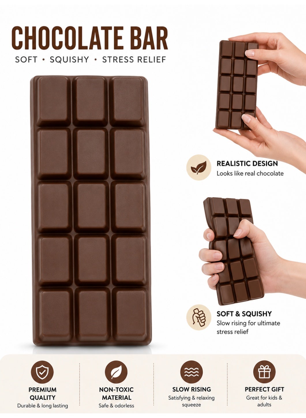 1pc Squishy Chocolate Squeeze Toys for Kids Adults, Slow Rising Black Chocolate Stress Balls for Boys Girls, Ultra Soft Handmade Food Sensory Fidget Toys Anxiety Relief for ADHD/ADD/Autism, Ideal Gifts