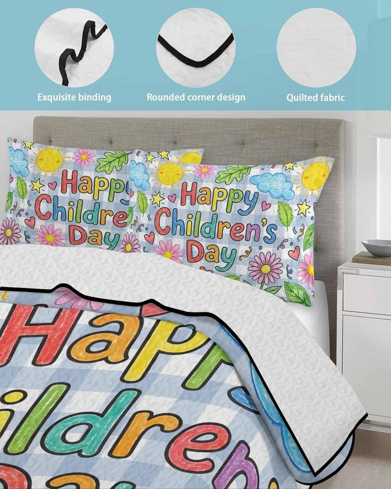 Quilts Queen Size Bedding Set, Children's Day Lightweight Summer Quilt 3 Pieces Bedding Sets, Cartoon Cute Flowers Leaf Blue Plaid Reversible Soft Bedspreads Coverlets with 2 Pillow Shams - Image 4