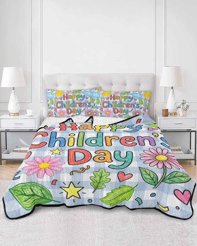 Quilts Queen Size Bedding Set, Children's Day Lightweight Summer Quilt 3 Pieces Bedding Sets, Cartoon Cute Flowers Leaf Blue Plaid Reversible Soft Bedspreads Coverlets with 2 Pillow Shams - Image 3
