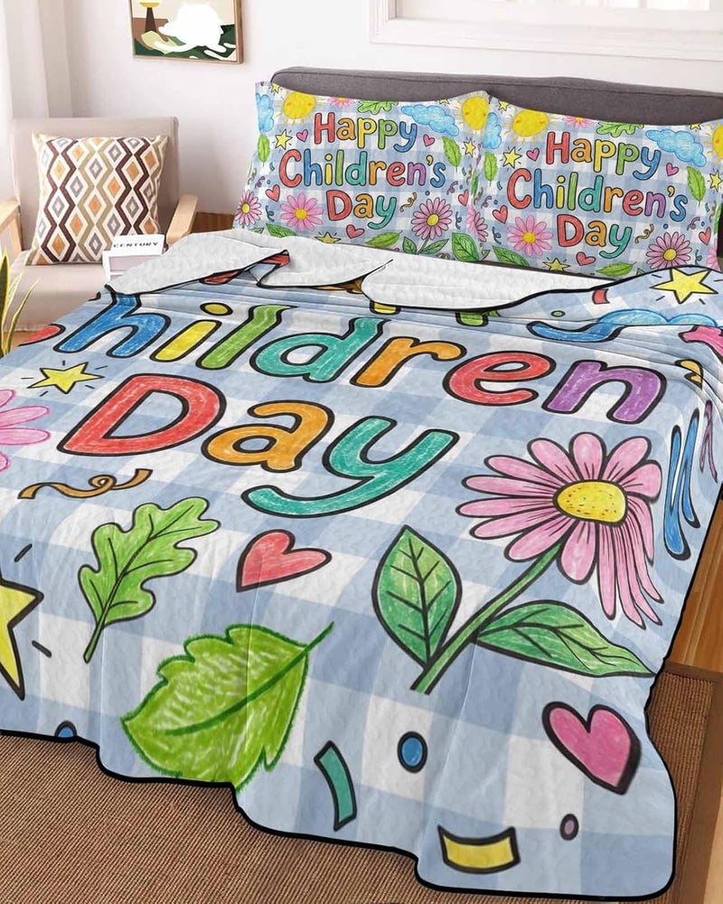 Quilts Queen Size Bedding Set, Children's Day Lightweight Summer Quilt 3 Pieces Bedding Sets, Cartoon Cute Flowers Leaf Blue Plaid Reversible Soft Bedspreads Coverlets with 2 Pillow Shams - Image 2