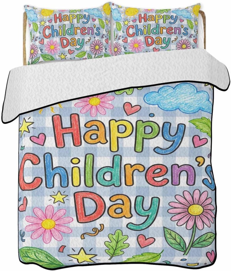 Quilts Queen Size Bedding Set, Children's Day Lightweight Summer Quilt 3 Pieces Bedding Sets, Cartoon Cute Flowers Leaf Blue Plaid Reversible Soft Bedspreads Coverlets with 2 Pillow Shams - Image 1